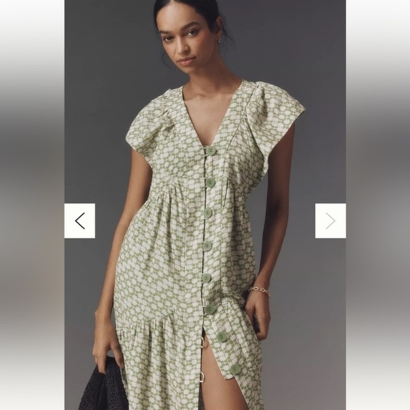 NWOT Anthropologie Renee Flutter Sleeve Linen Green Button Up Midi Shirt Dress - Picture 4 of 9